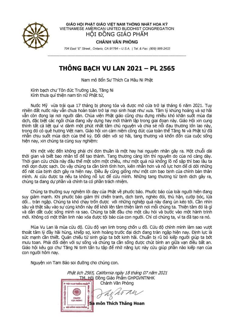 Thong Bach Vu Lan 2021 PL 2565 HDGP